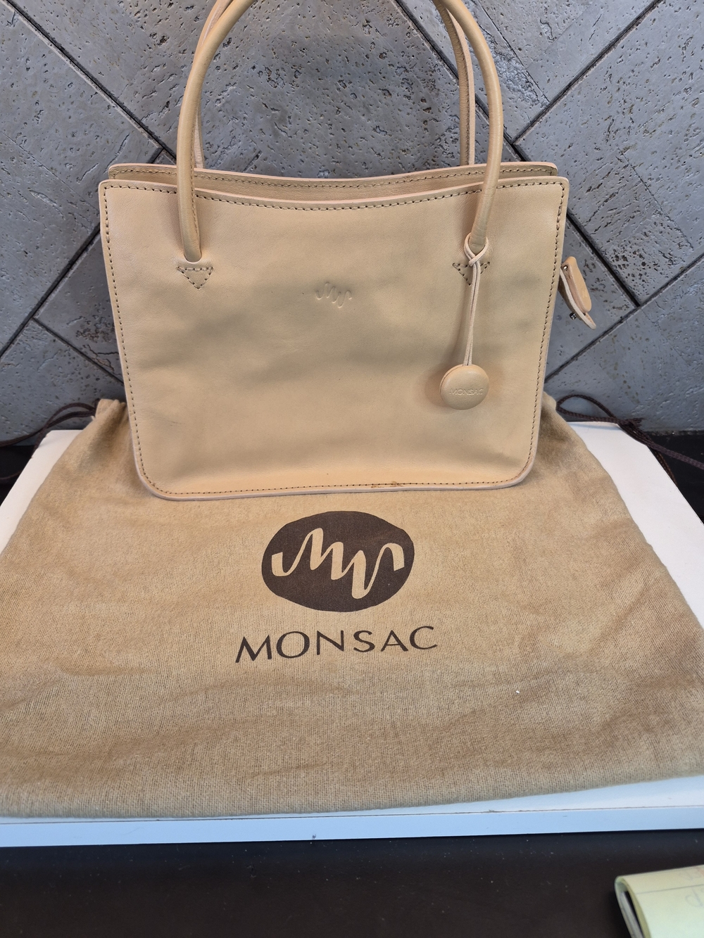 Monsac Beige Leather Top-Handle Tote Vintage W/ Dust Bag Authenticty Card.